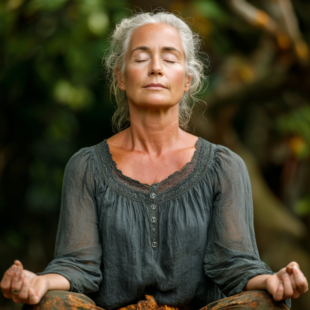 mature woman in peaceful yoga meditation pose in natural setting